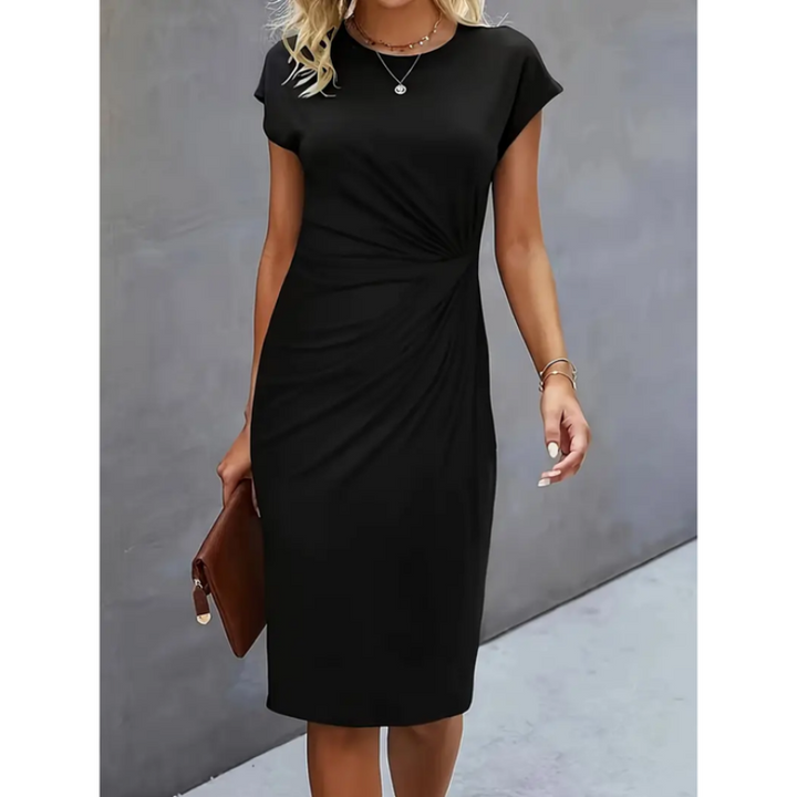 Women's cap sleeve midi dress with gathered waist, perfect for office, business, or professional wear.