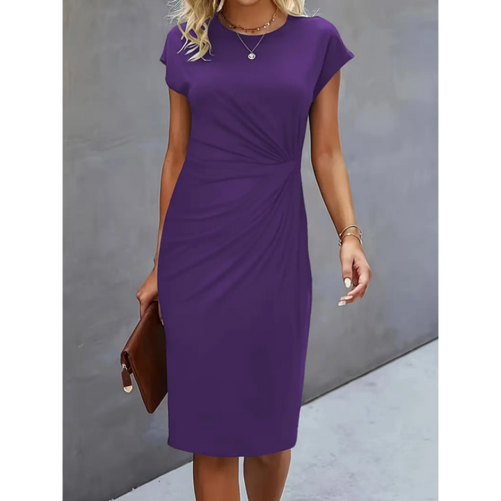 Elegant cap sleeve midi dress for women, featuring a gathered waist, ideal for comfortable workwear.