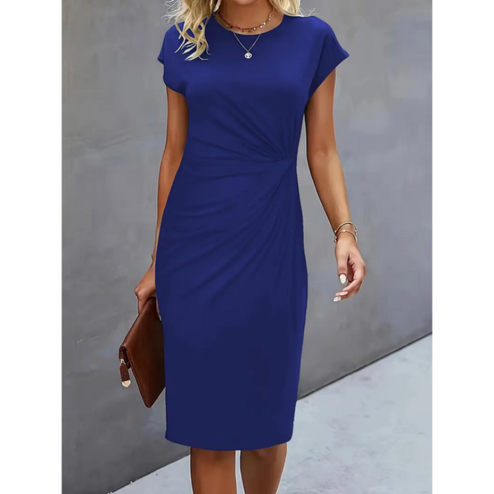 Modest formal cap sleeve midi dress for women, with gathered waist, suitable for office events.