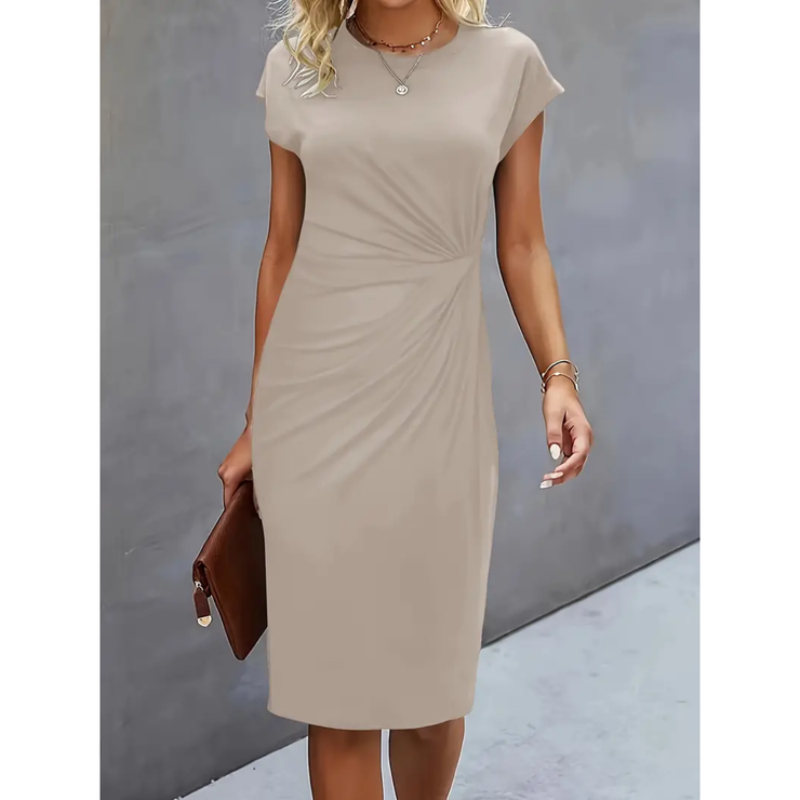 Professional women's midi dress with cap sleeves and stylish gathered waist for business attire.