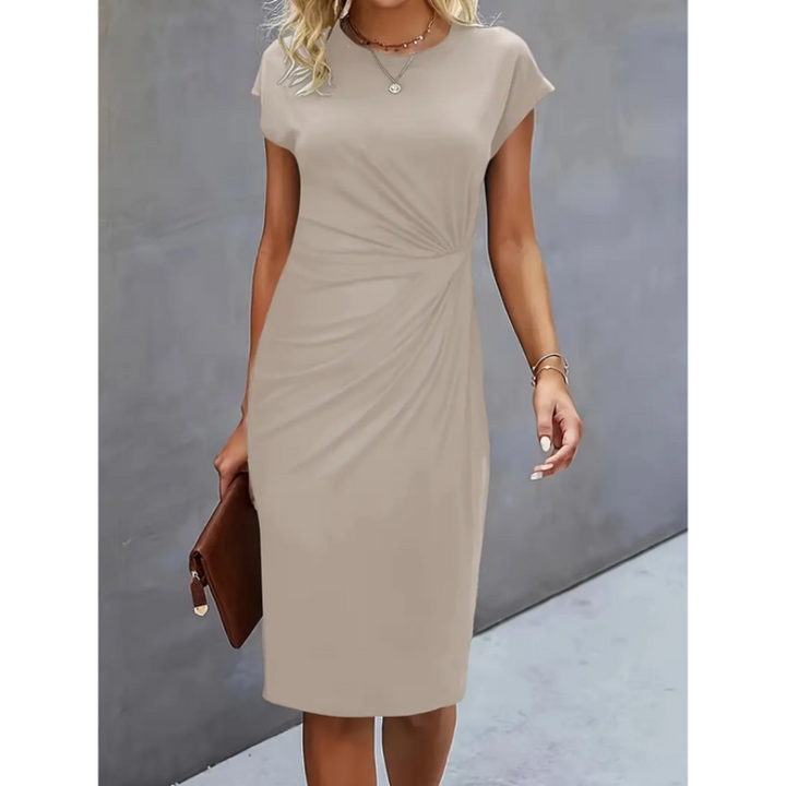 Professional women's midi dress with cap sleeves and stylish gathered waist for business attire.
