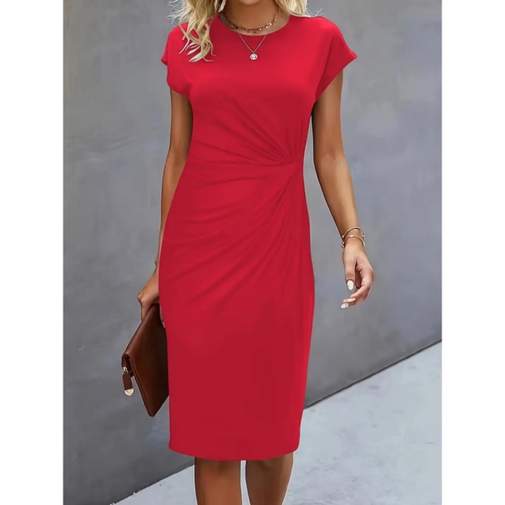 Women's cap sleeve midi dress, gathered waist detail, designed for professional and elegant office wear.