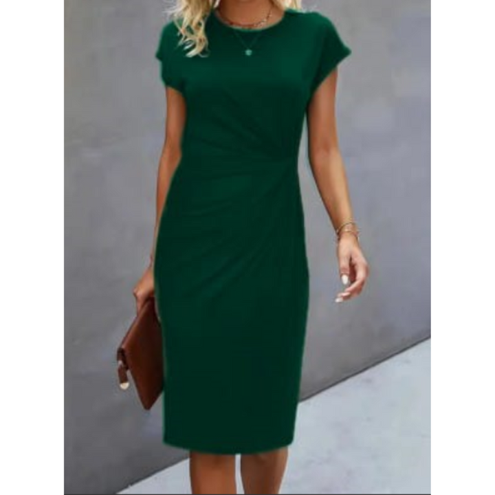 Stylish women's cap sleeve midi dress with a flattering gathered waist, perfect for office and formal events.