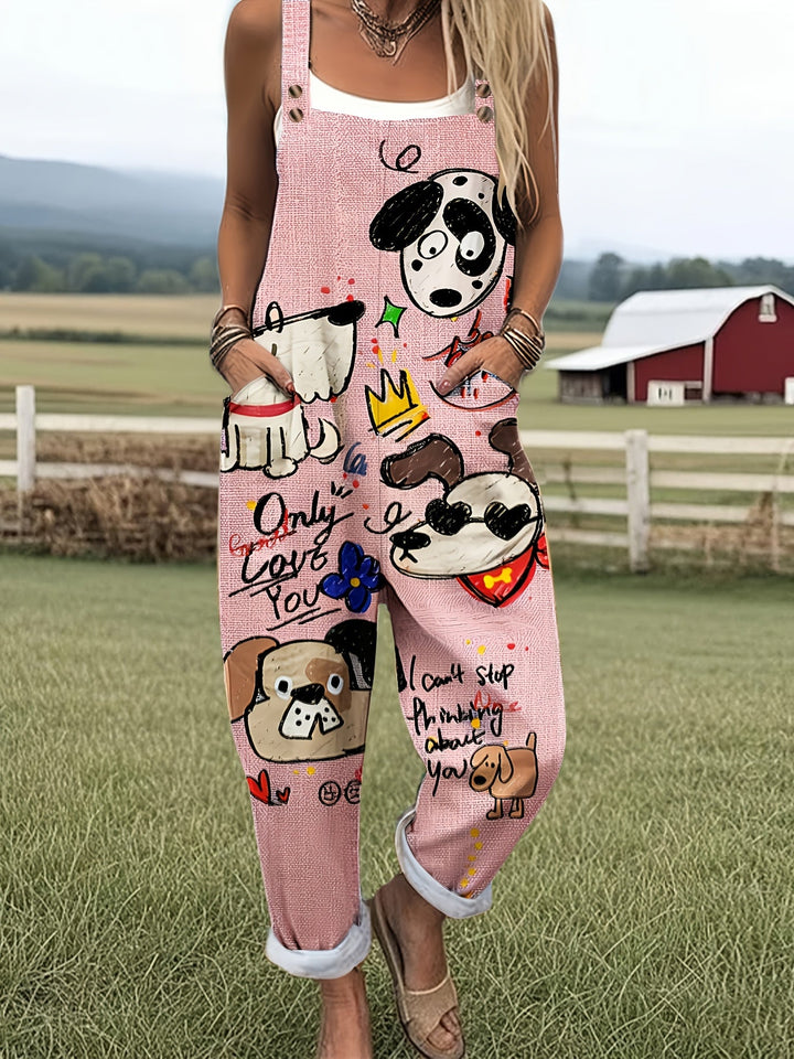 Relaxed fit women's jumpsuit with adjustable straps and fun dog print design.
