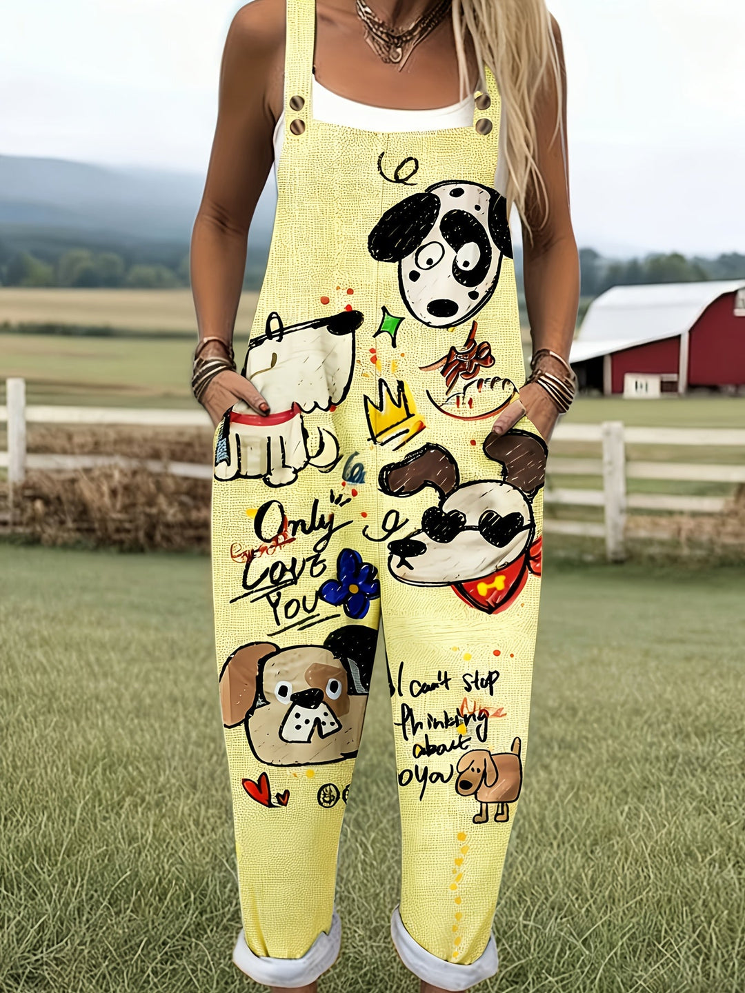 Women's playful dog print casual jumpsuit, adjustable straps for a comfortable fit.