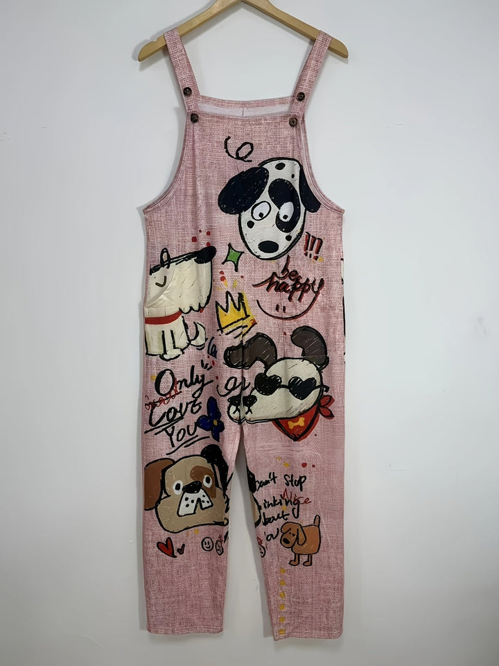 Cute cartoon dog print jumpsuit for women, a comfortable wide leg casual outfit.