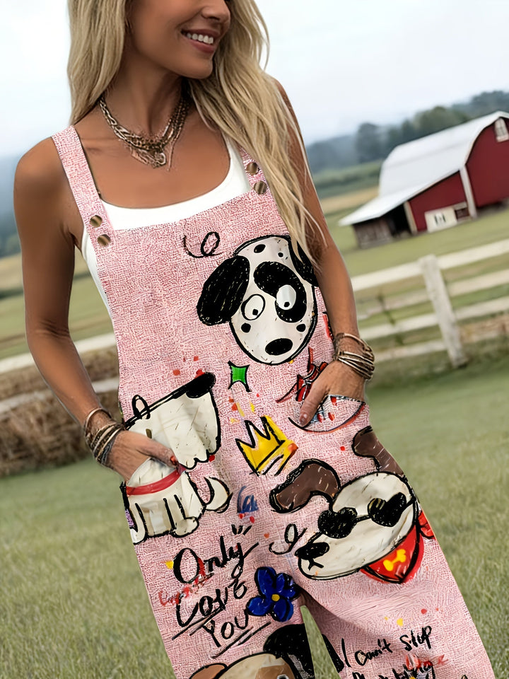 Women's casual dungaree jumpsuit, wide leg, with a charming dog print & pockets.