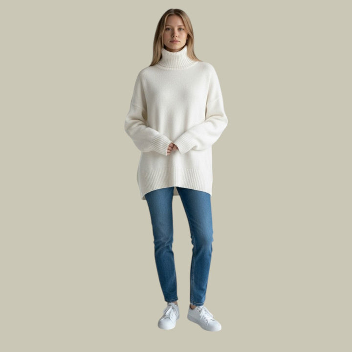 Women's cashmere blend relaxed fit turtleneck sweater in beige, perfect for winter casual wear