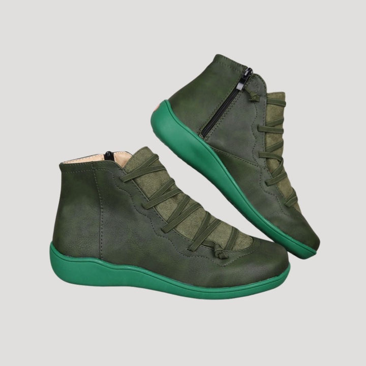 Model wearing womens casual ankle boots with ankle strap, styled for a chic and comfortable spring outfit.