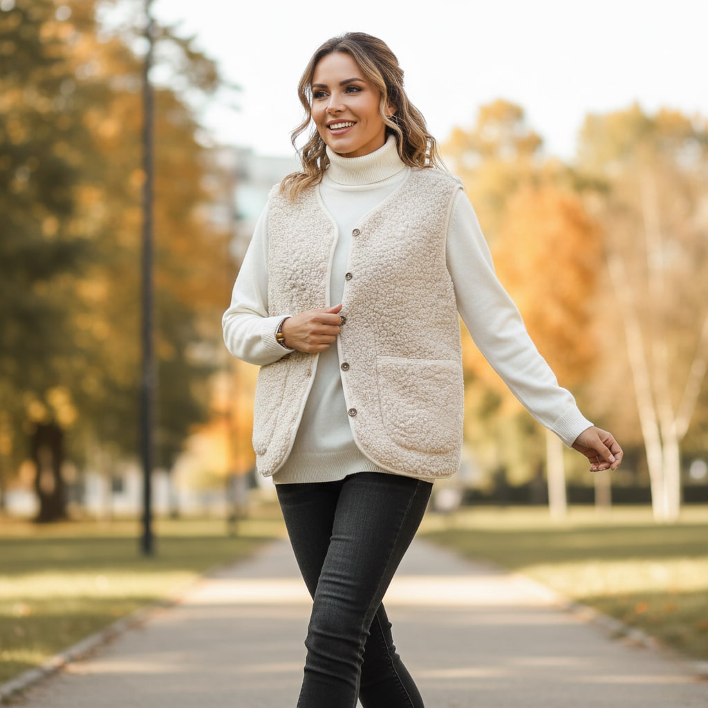Women's casual beige sherpa vest for spring layering, soft outerwear