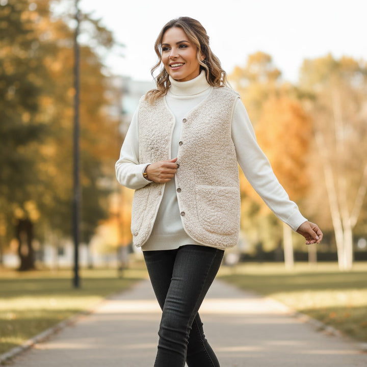 Women's casual beige sherpa vest for spring layering, soft outerwear