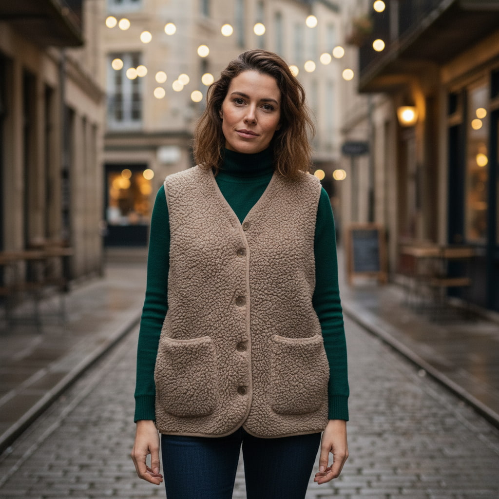 Sleeveless faux shearling vest for women, brown, casual spring outerwear