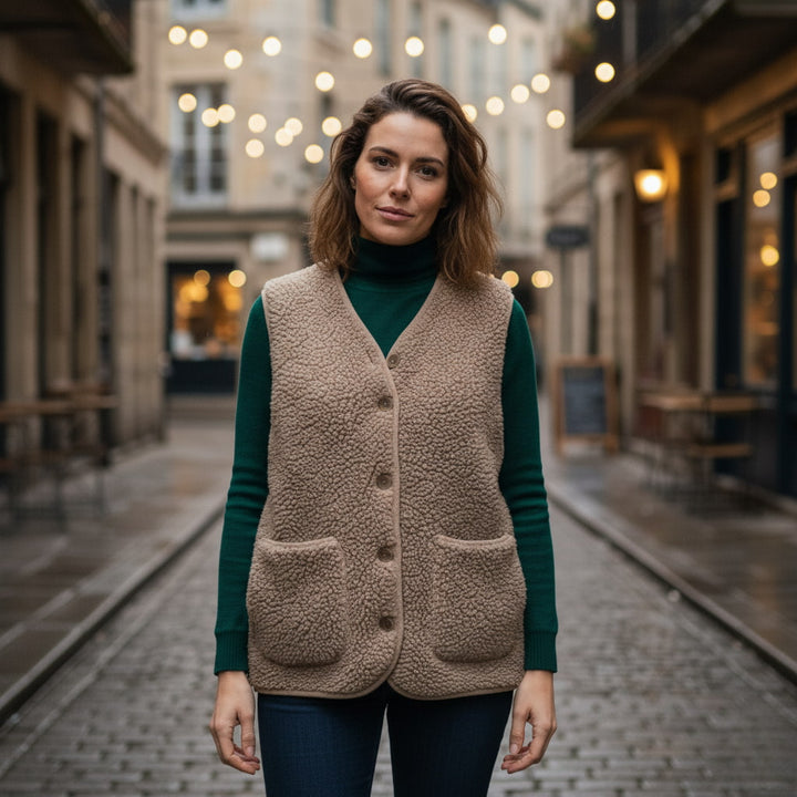 Sleeveless faux shearling vest for women, brown, casual spring outerwear