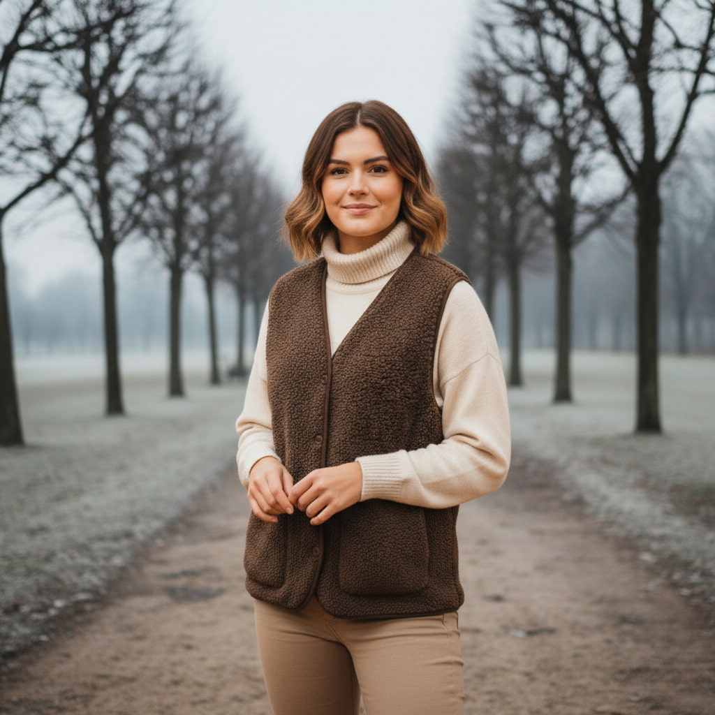Khaki sherpa vest, women's sleeveless jacket, versatile for spring fashion
