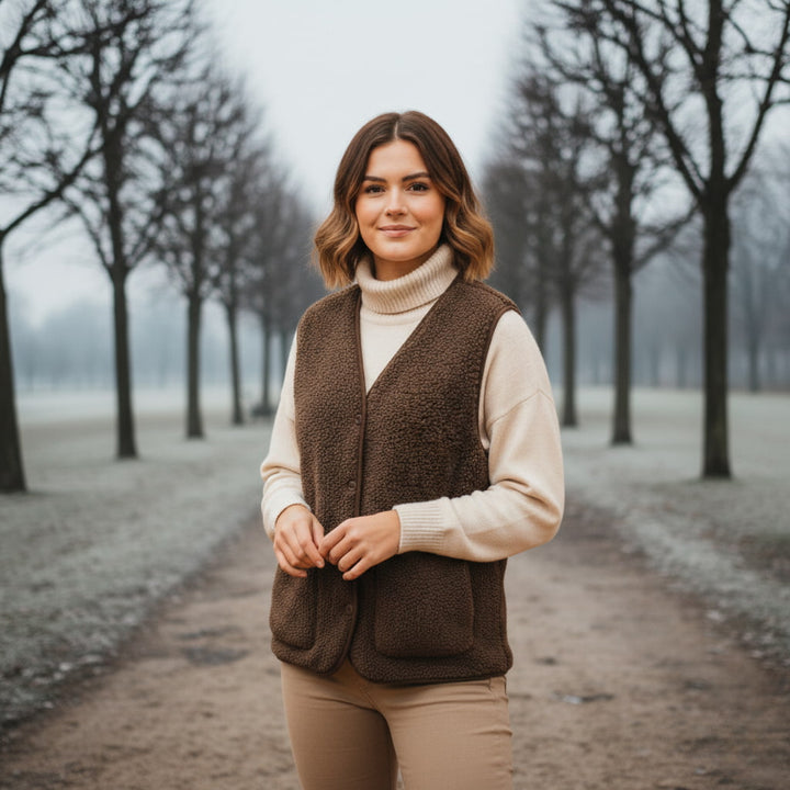 Khaki sherpa vest, women's sleeveless jacket, versatile for spring fashion