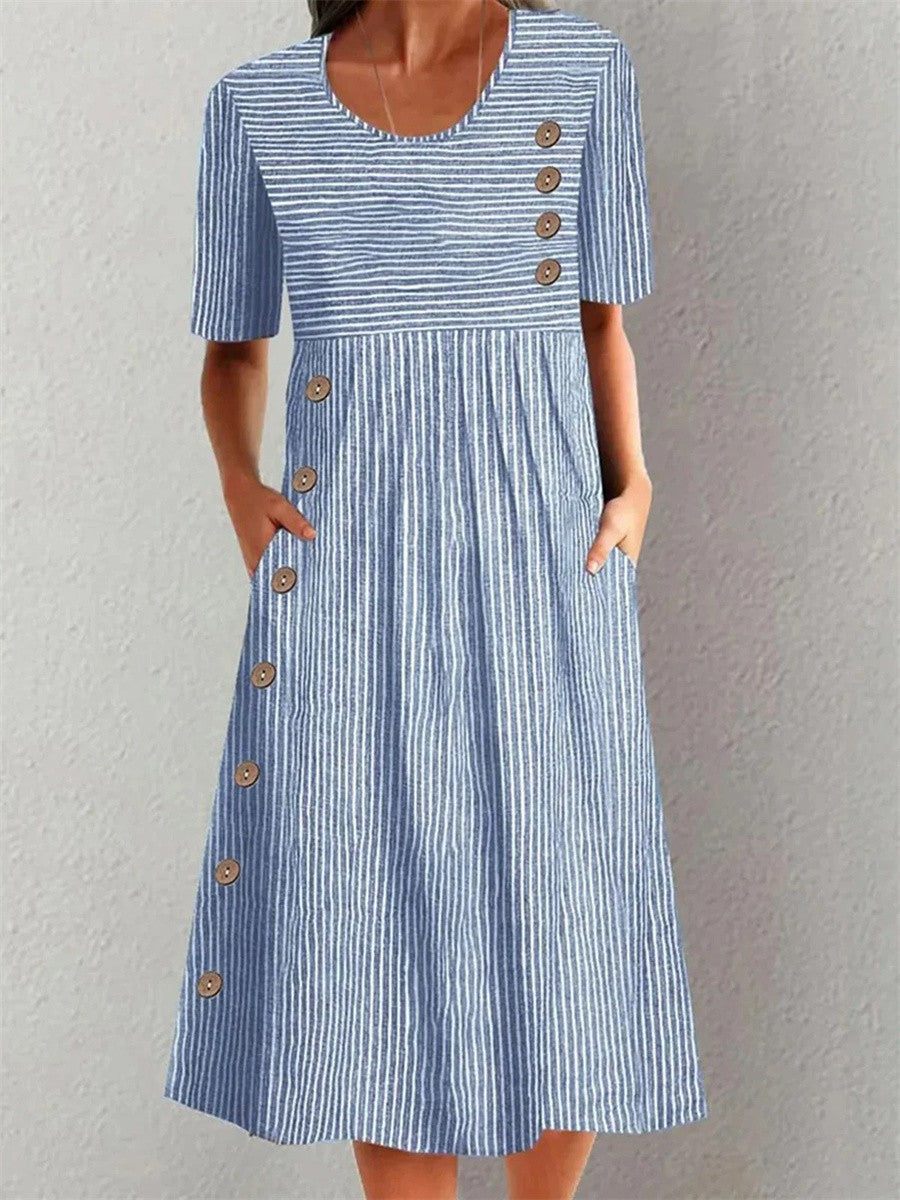Women's casual blue striped A-line midi dress, perfect for summer comfort & effortless style.