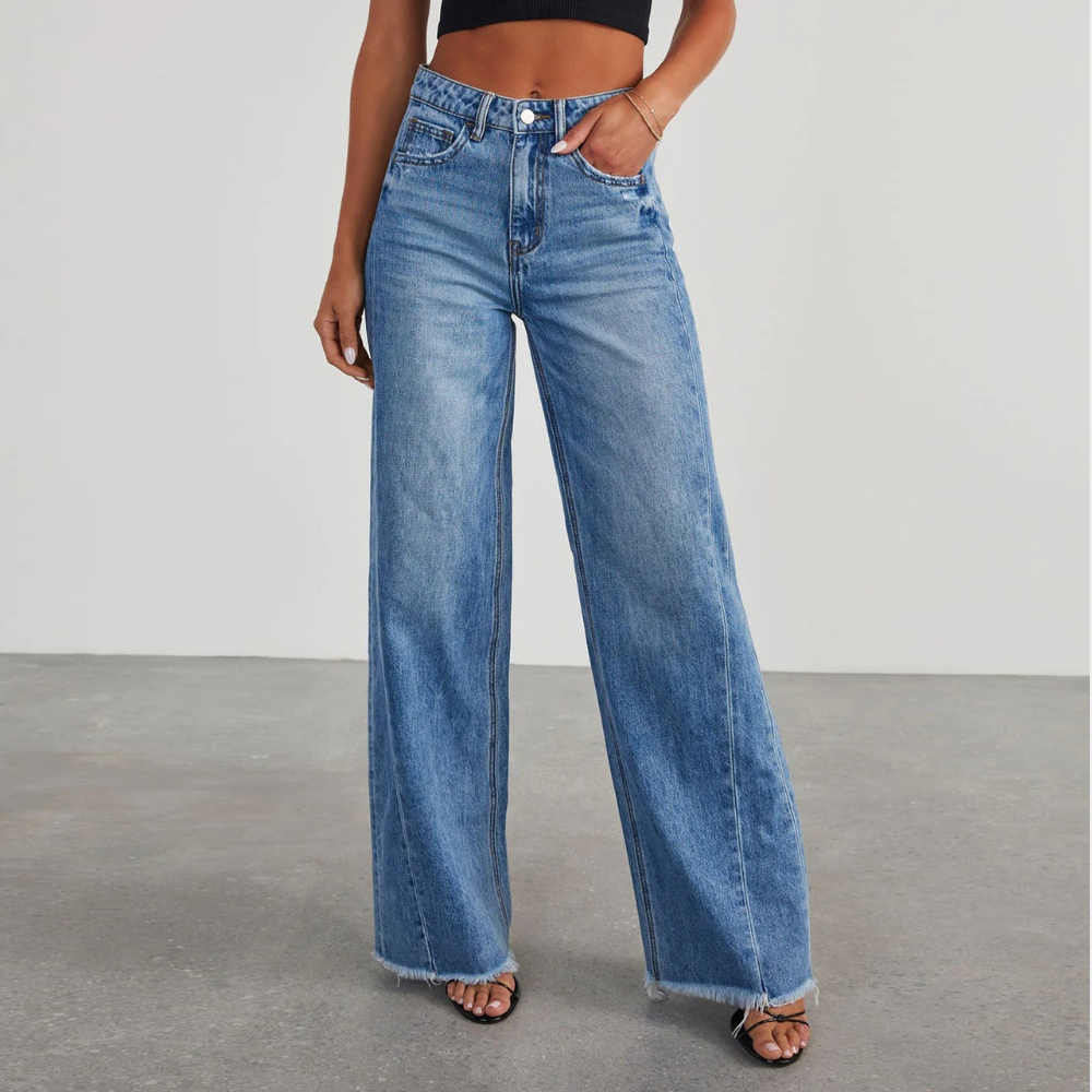 Women's casual blue wide-leg high-waisted jeans, perfect for comfortable and fashionable everyday wear.
