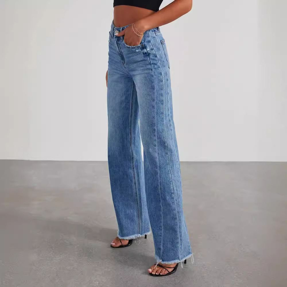 Comfortable distressed blue wide-leg high-waisted jeans for women, a key piece for casual fashion.