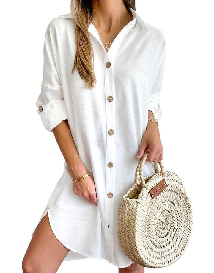 Stylish women's oversized button-down dress for casual summer days & vacation wear. Beach ready.