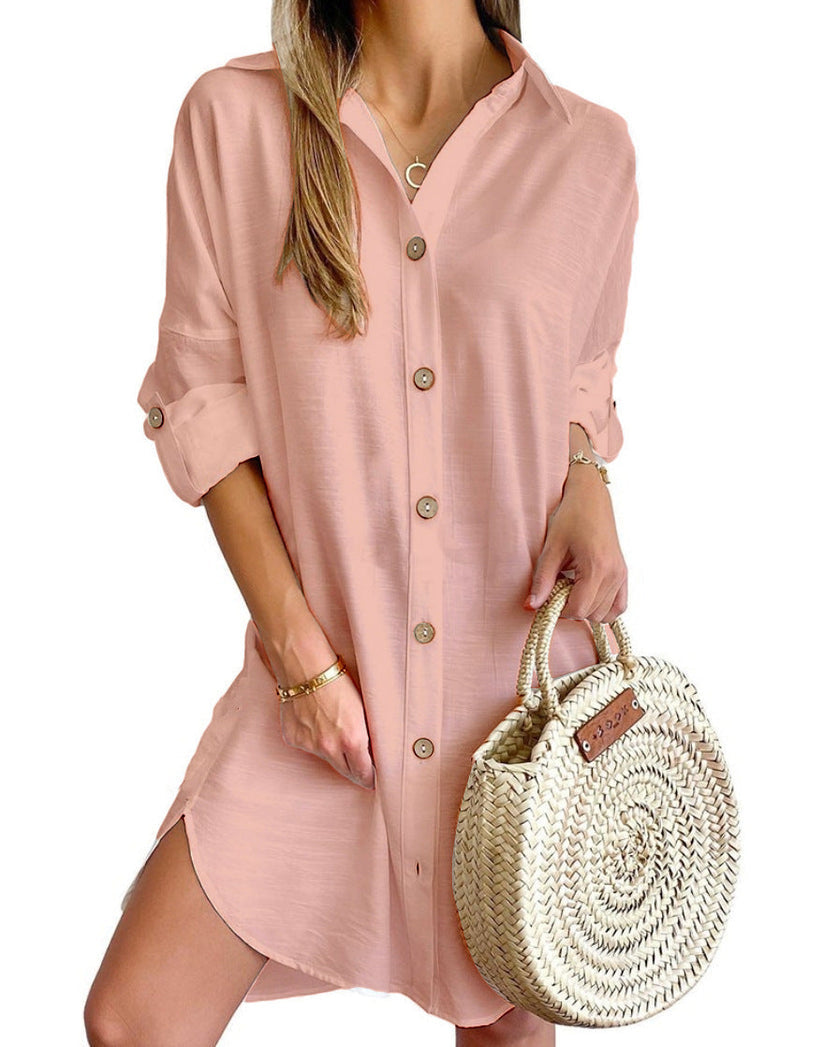 Comfortable women's casual shirt dress with button-down front, great for beach & travel. Versatile.