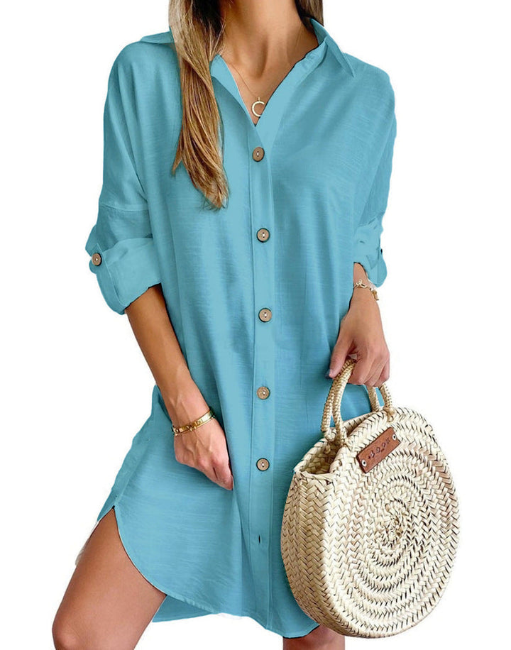 Chic women's oversized casual button-down dress, a must-have for summer vacation fashion. Beachwear.