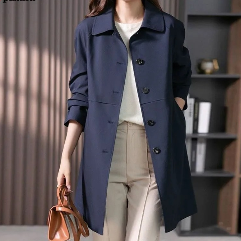 Stylish women's long trench coat with button front, ideal for casual and versatile fashion