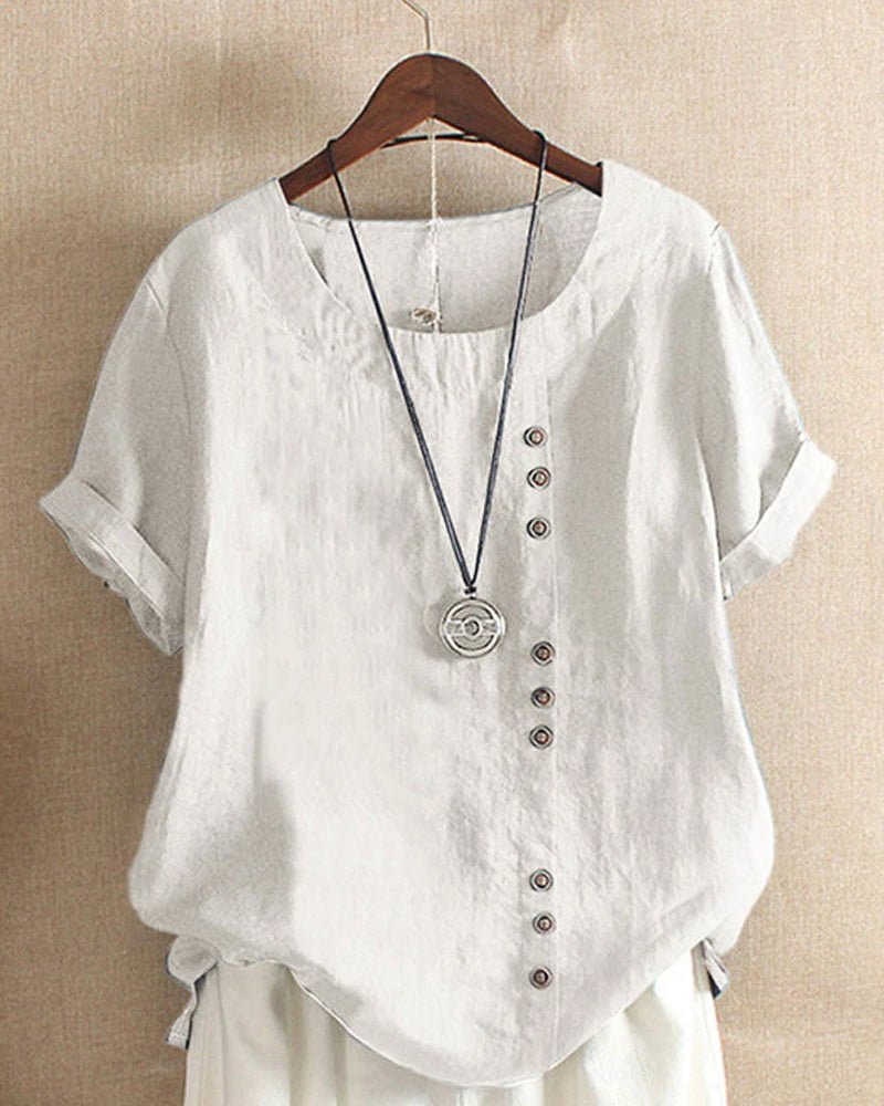 Women's casual button-front tunic top with short sleeves & round neck, perfect for summer everyday wear.