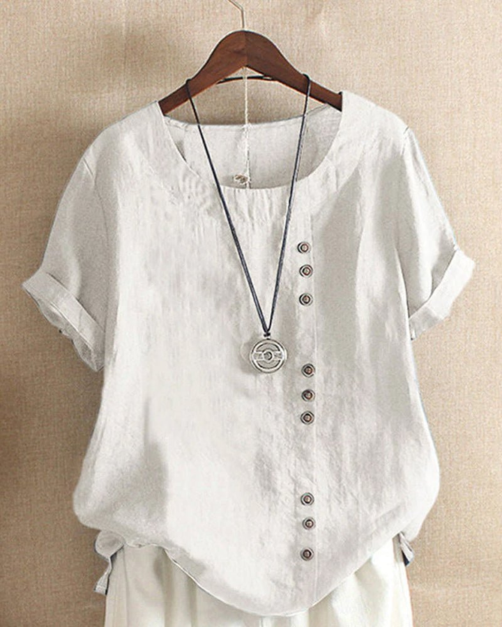 Women's casual button-front tunic top with short sleeves & round neck, perfect for summer everyday wear.