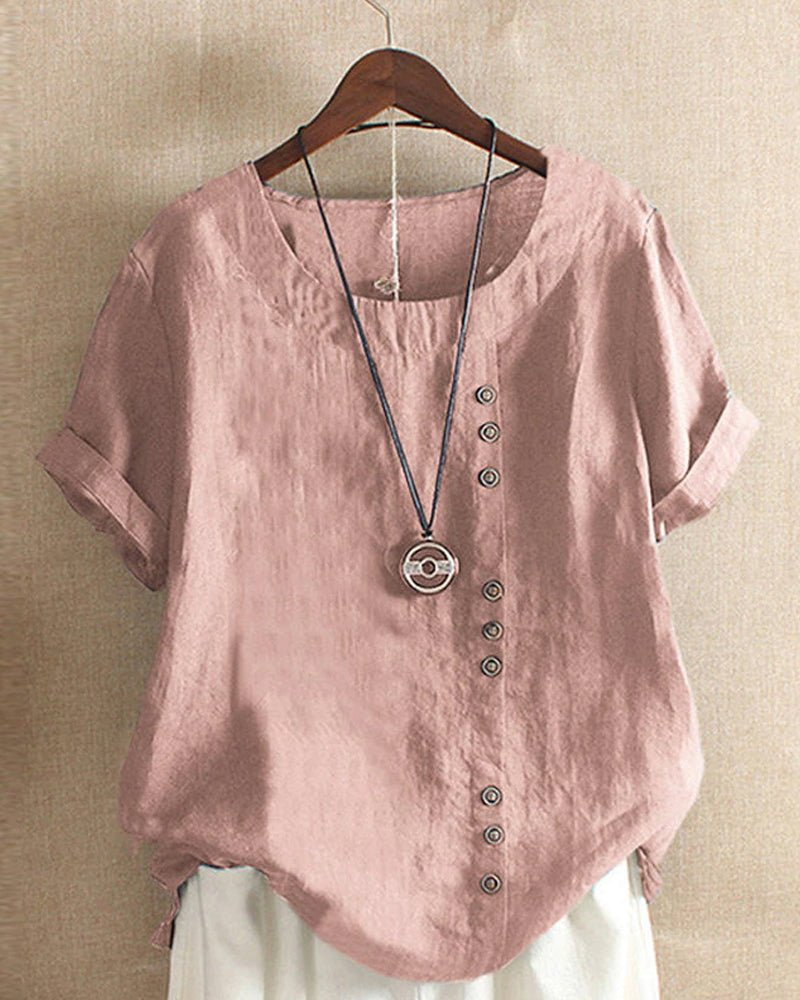 Comfortable relaxed fit women's tunic top, short sleeve, button-front, round neck, perfect for casual summer.