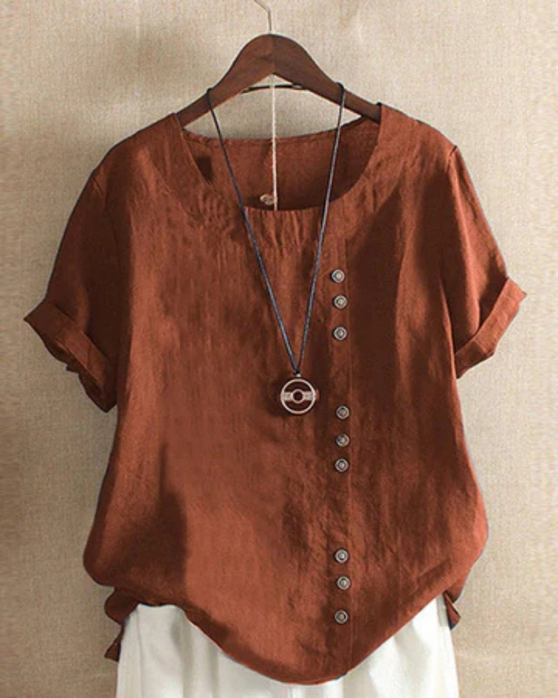 Versatile women's short-sleeve button-front tunic top, round neck, great for casual summer everyday wear.
