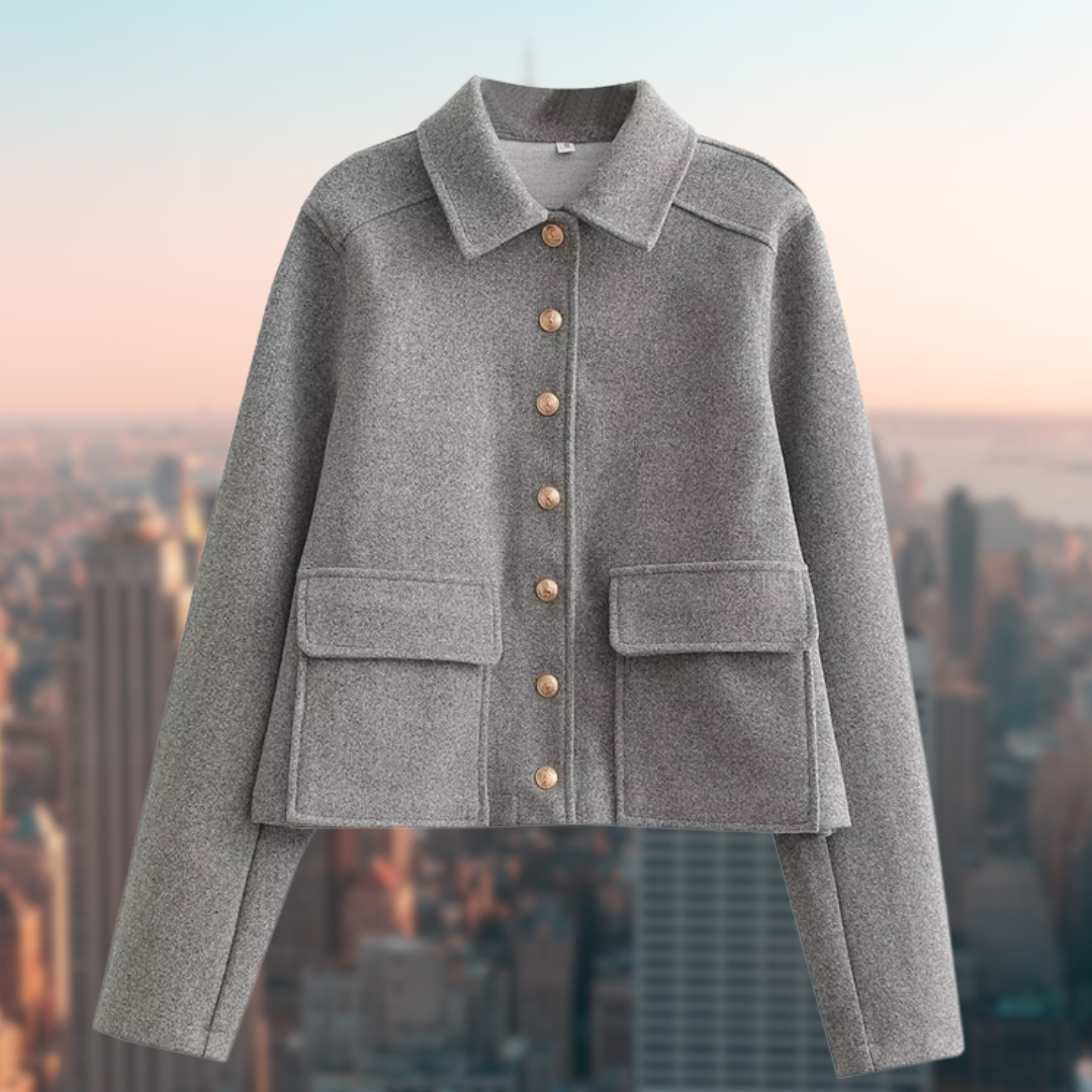 Women's casual buttoned wool jacket, perfect for stylish autumn comfort. Everyday chic outerwear.