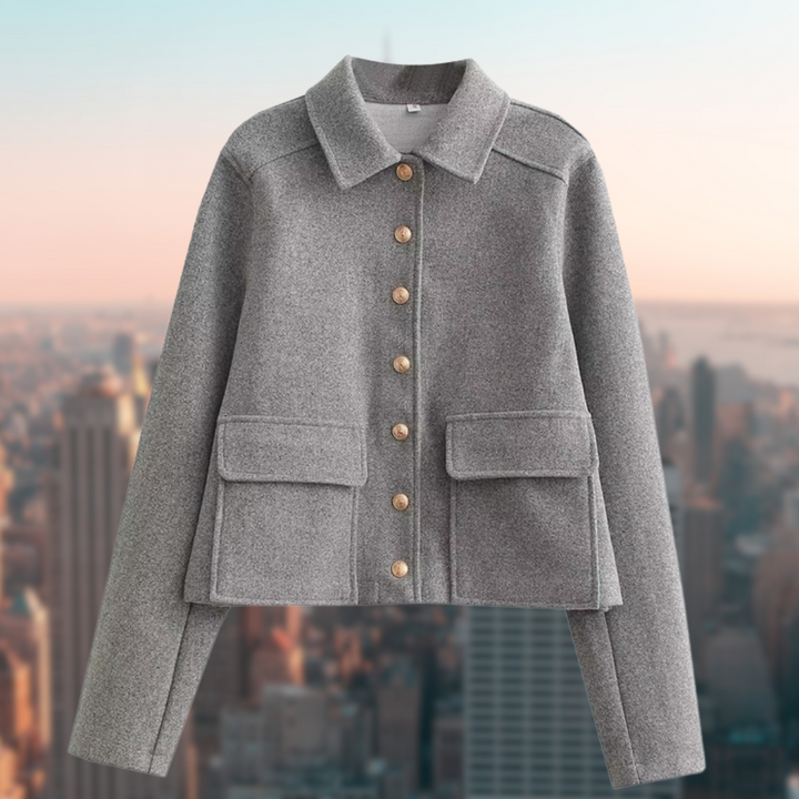 Women's casual buttoned wool jacket, perfect for stylish autumn comfort. Everyday chic outerwear.