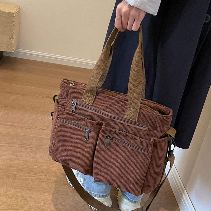 Women's versatile corduroy tote shoulder bag, suitable for various occasions and outfits.