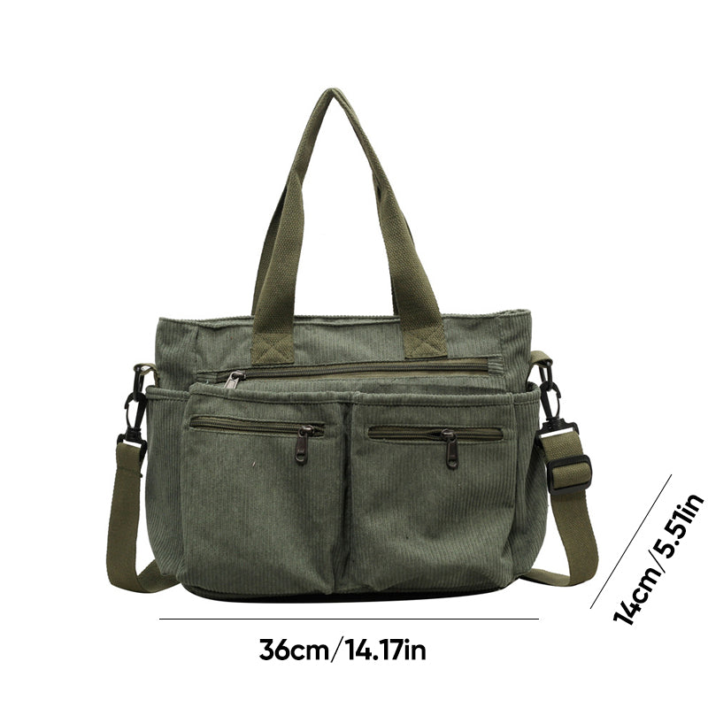 Back view of a casual corduroy handbag for women, emphasizing its clean and simple design.