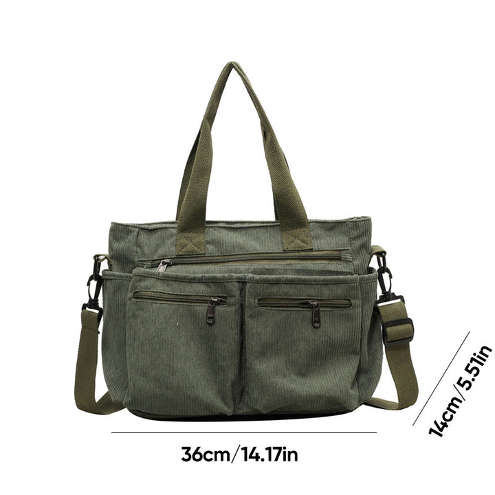 Back view of a casual corduroy handbag for women, emphasizing its clean and simple design.