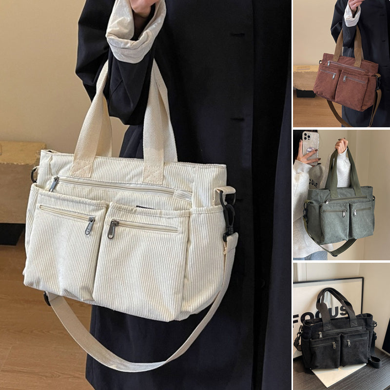 Front view of a large capacity corduroy tote bag for women, featuring a soft, ribbed texture.