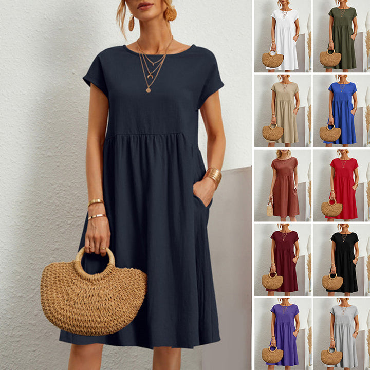 Women's casual cotton midi dress, round neck, perfect for summer. Comfort fit everyday wear.