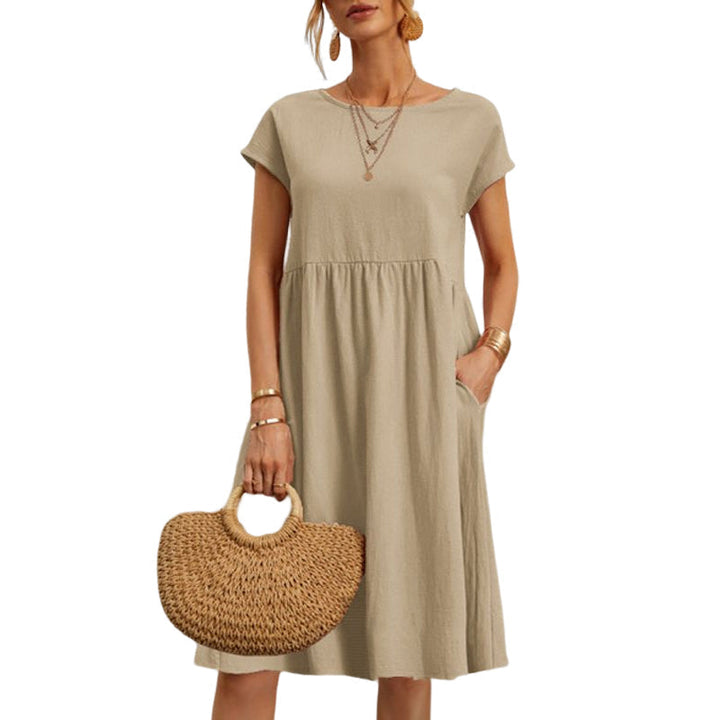 Comfortable women's midi dress, 100% cotton, round neck, versatile casual wear.