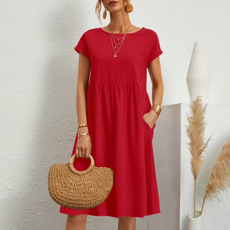 Summer-ready women's cotton round neck midi dress, comfortable and effortlessly stylish.