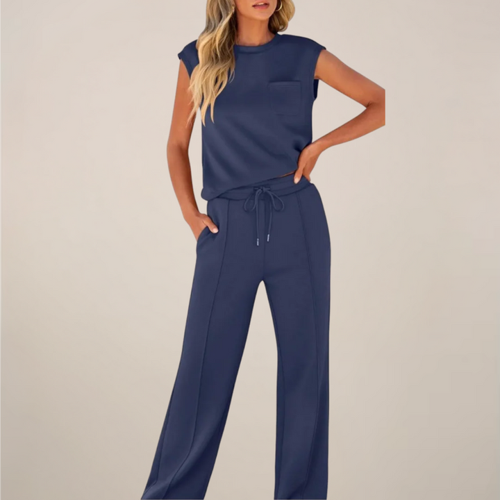 Comfortable women's apparel: drawstring pants and top set, perfect for everyday casual wear.
