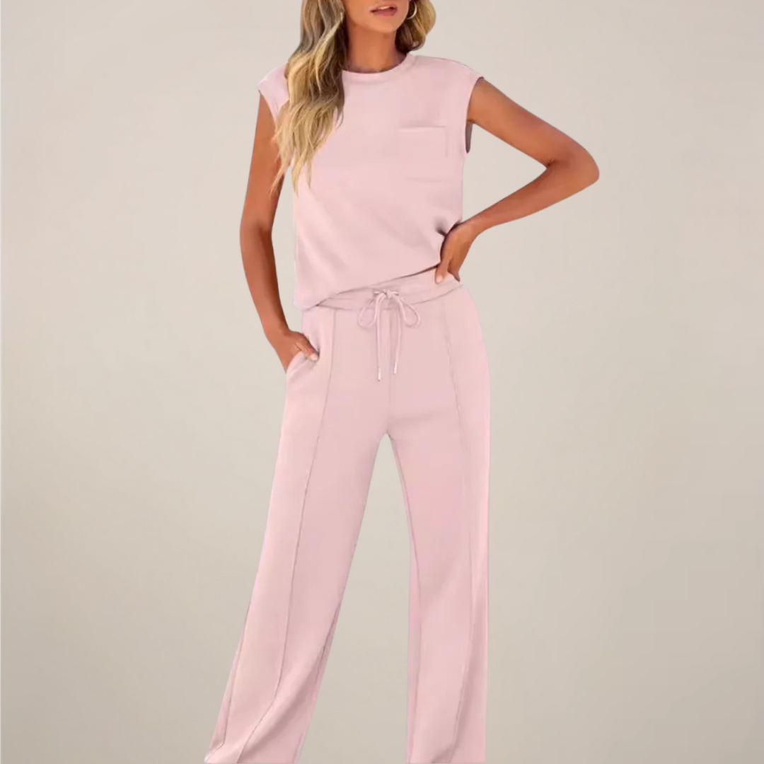 Women's casual drawstring pants set, an ideal comfortable clothing option for spring.
