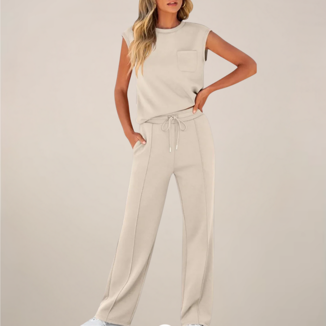 Women's loungewear set: soft fabric drawstring pants and a complementary long-sleeve top.