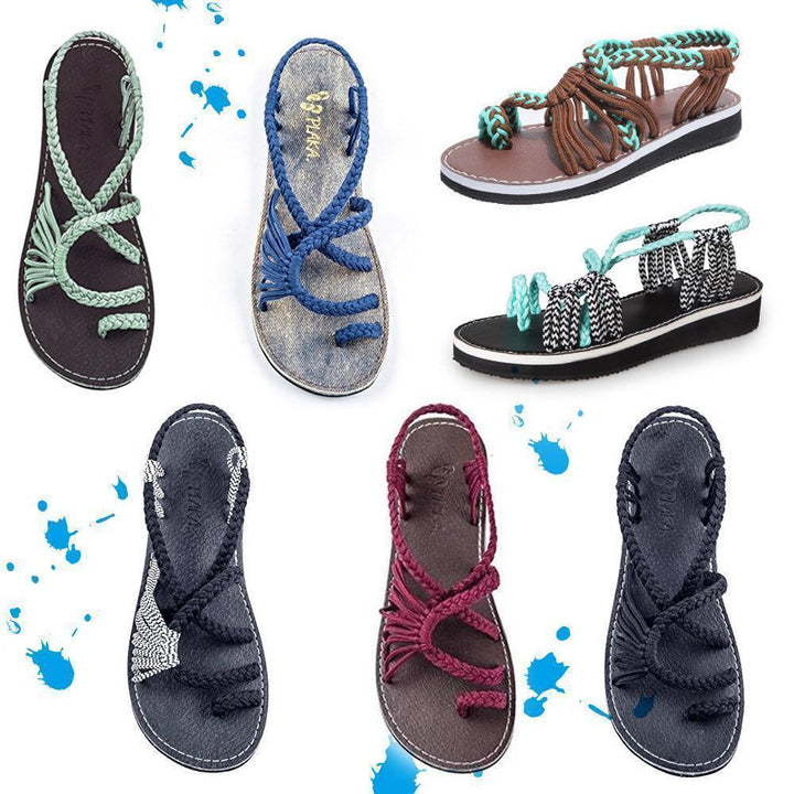 Top view of women's palm leaf flat sandals, highlighting the intricate details and casual appeal.