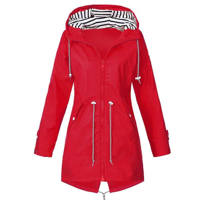 Close-up of the water-resistant fabric of a women's hooded raincoat, ideal for casual outerwear.