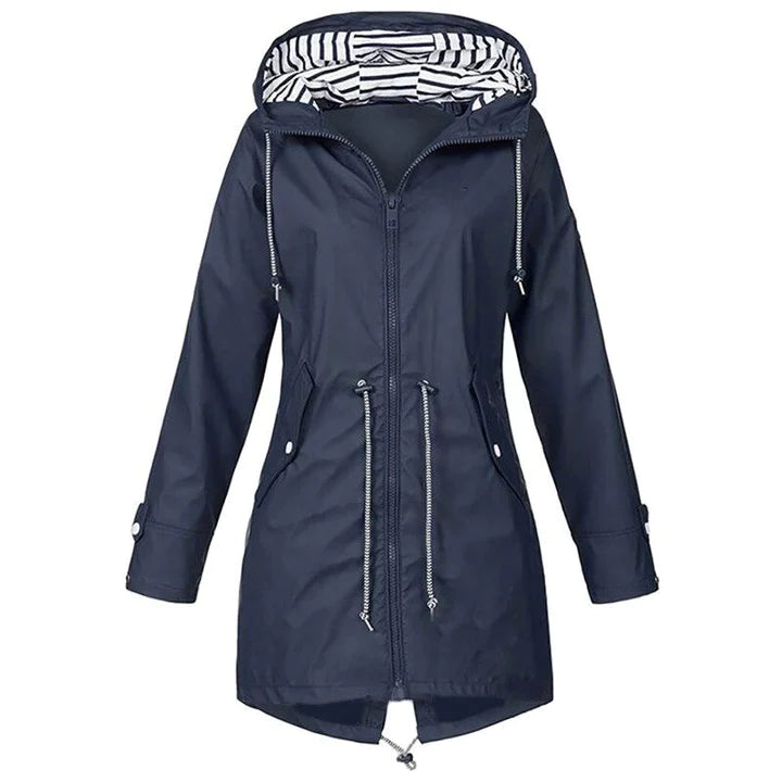 Model wearing a stylish women's lightweight coat, demonstrating its comfortable fit for fall rainwear.