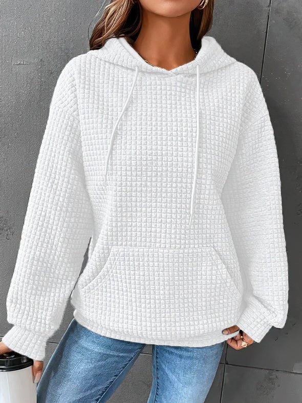 Close-up of a women's lightweight pullover hoodie fabric, great for spring