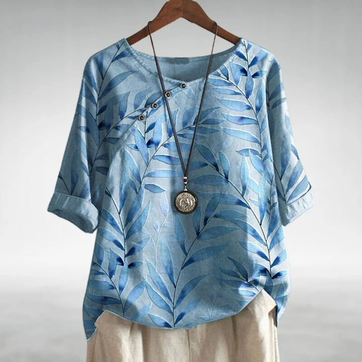 Women's casual leaf print button-up blouse, perfect for summer fashion and everyday wear