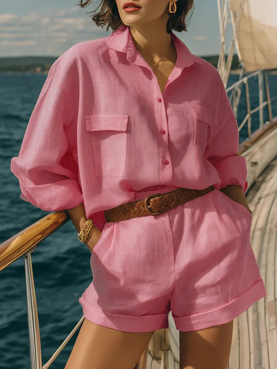 Women's casual long sleeve top & matching shorts set. Perfect breathable summer beach wear & resort loungewear.