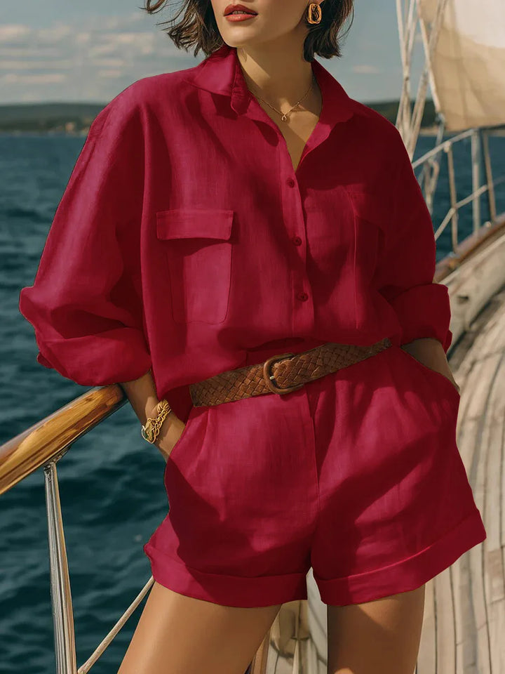 Oversized women's lightweight two-piece long sleeve & shorts set for summer, beach, and casual resort wear.