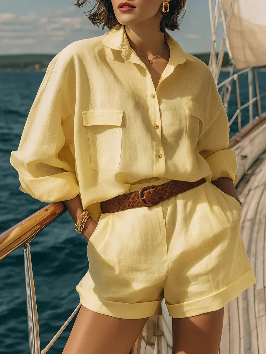 Breathable women's casual matching set: long sleeve top and shorts. Ideal for summer, beach, and everyday lounging.